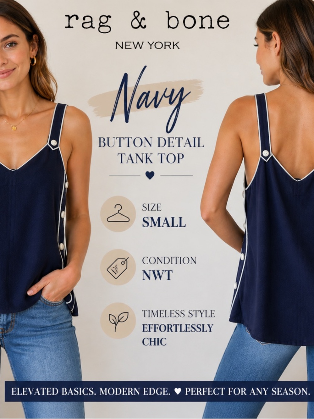 New with Tags rag & bone Navy Tank Top with Contrast Button Trim